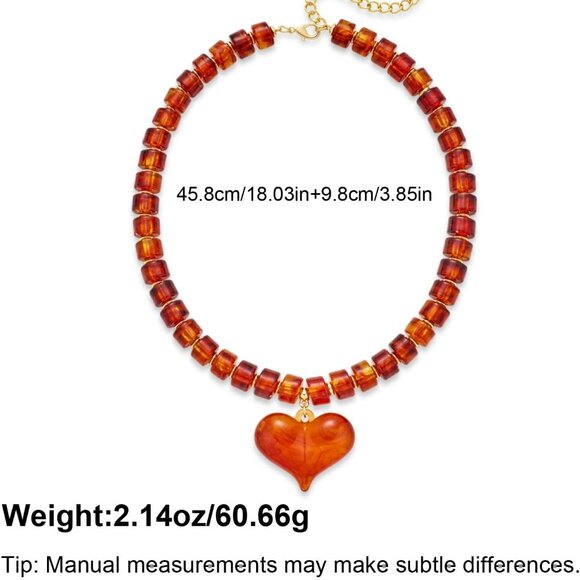 Chunky Acrylic Heart Necklace Women Large Beaded Pendant Statement Jewelry - Picture 6 of 6